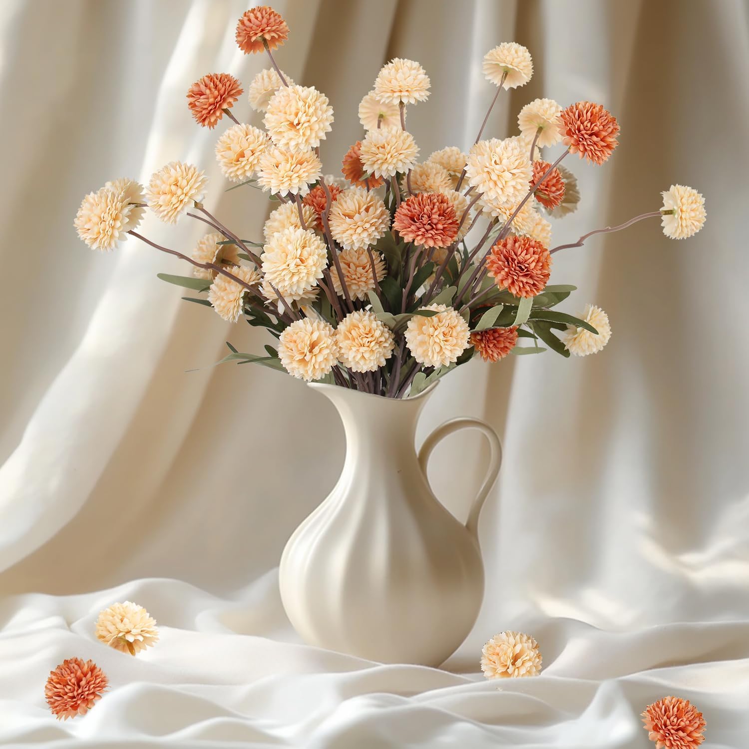 Artificial Fall Flowers - 14pcs Fall Faux Pompon Mum Flowers, Beige Silk Fake Chrysanthemum Kiku Blooms Flower Bulk with Eucalyptus Stems for Bouquets Decor,Fall Decorations, Floral Arrangements