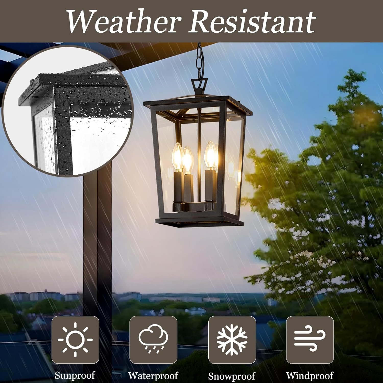 Outdoor Pendant Lights for Porch, 16" 4-Light Large Outdoor Chandelier with Clear Glass, Black Modern Exterior Hanging Porch Light with Long Chain for Gazebo Foyer, OS-OD2601-4HL