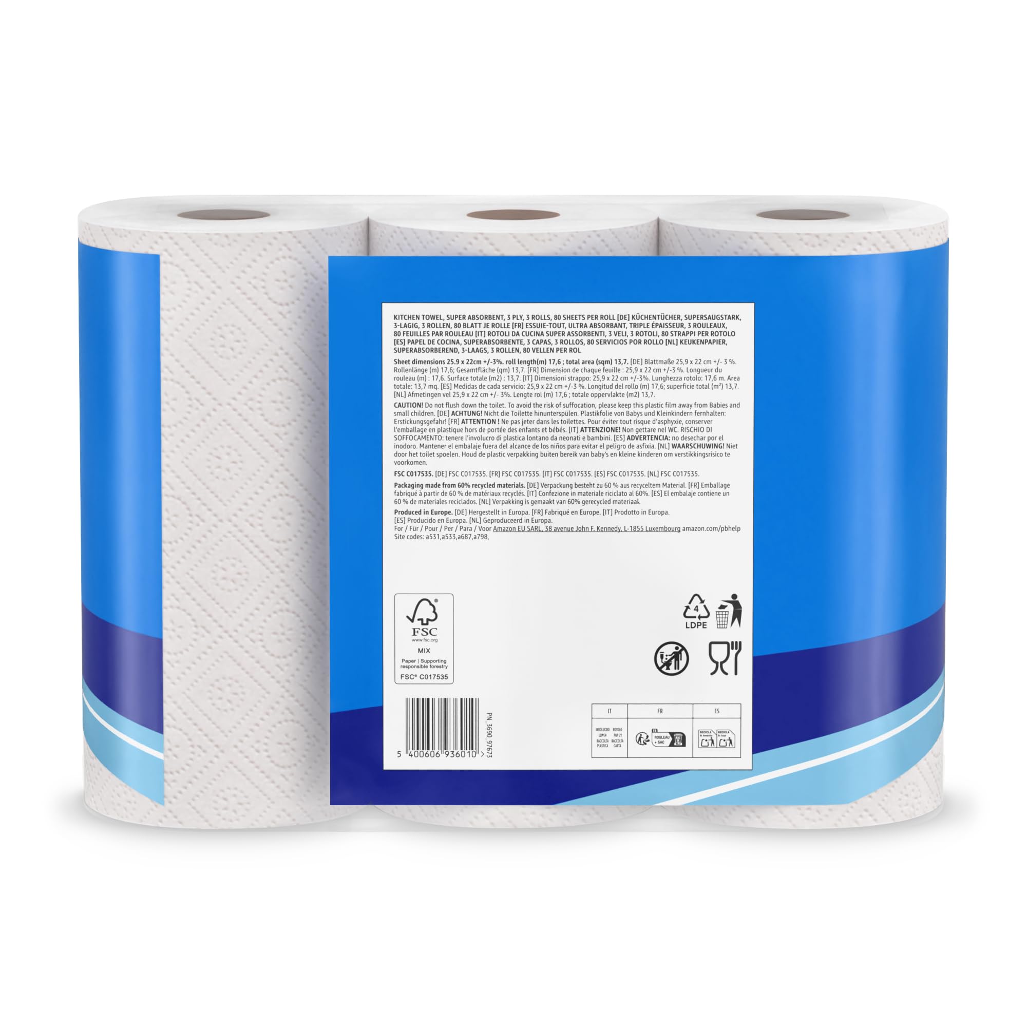 by Amazon, Carta da Cucina Super Assorbente, 3 Veli, 3 Rotoli (1 Confezione da 3), 80 Fogli per Rotolo, Certificata FSC (in Precedenza a Marchio Presto!)