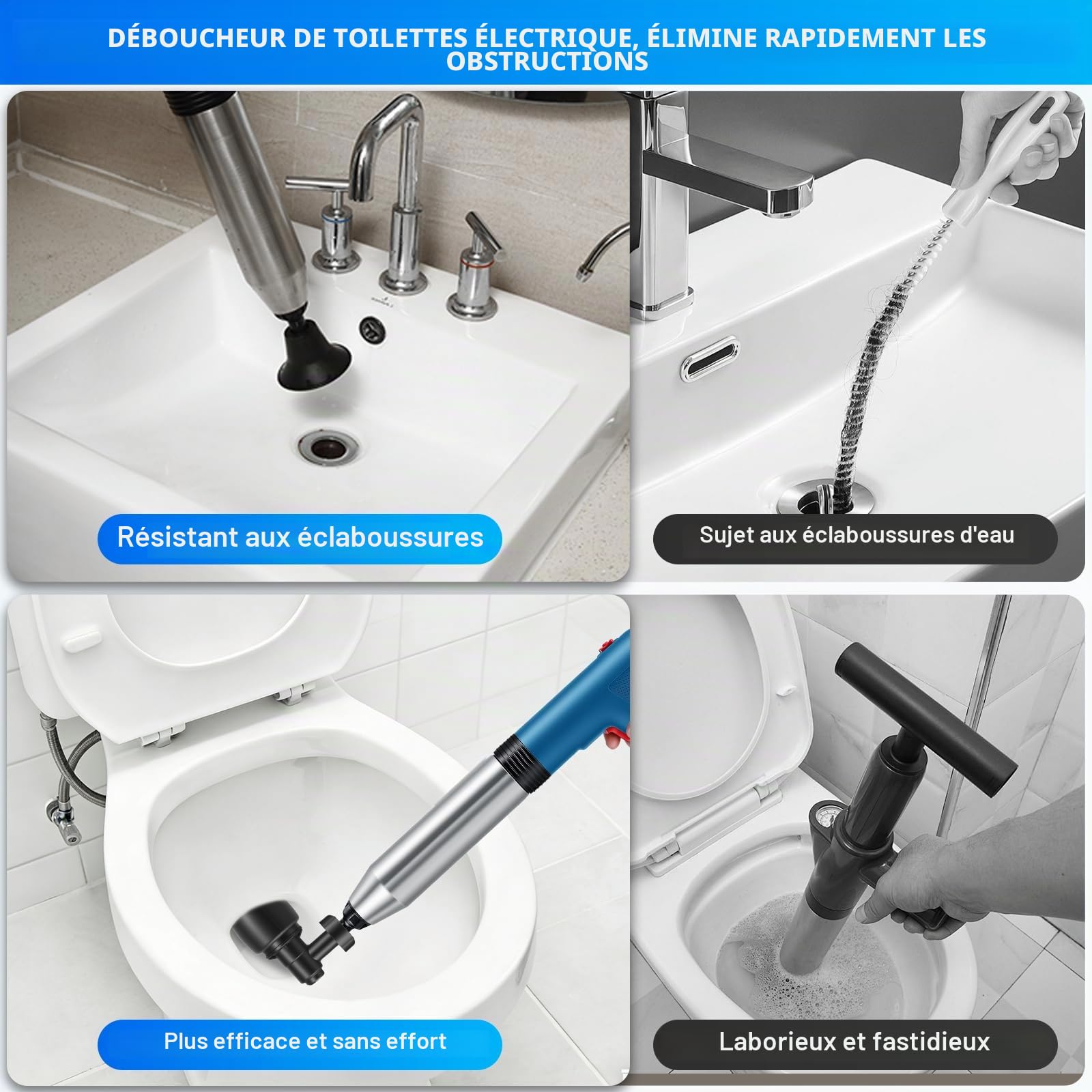 Électrique Déboucheur de Canalisations, Électrique Déboucheur à Ventouse, Air Comprimé Déboucheur de Furet pour Toilette, WC, Lavabo, Douche