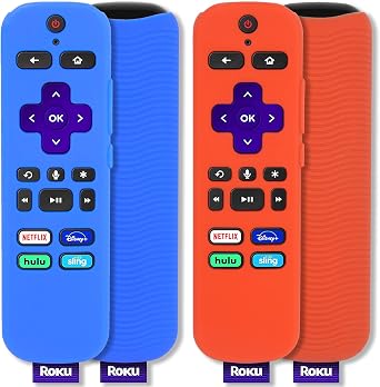 [2 Pack] Silicone Protective Case Compatible with Roku Voice Remote, Pinowu Anti-Slip Shockproof Remote Cover Compatible with Roku Express 4K+ 2021 Remote Red+Blue