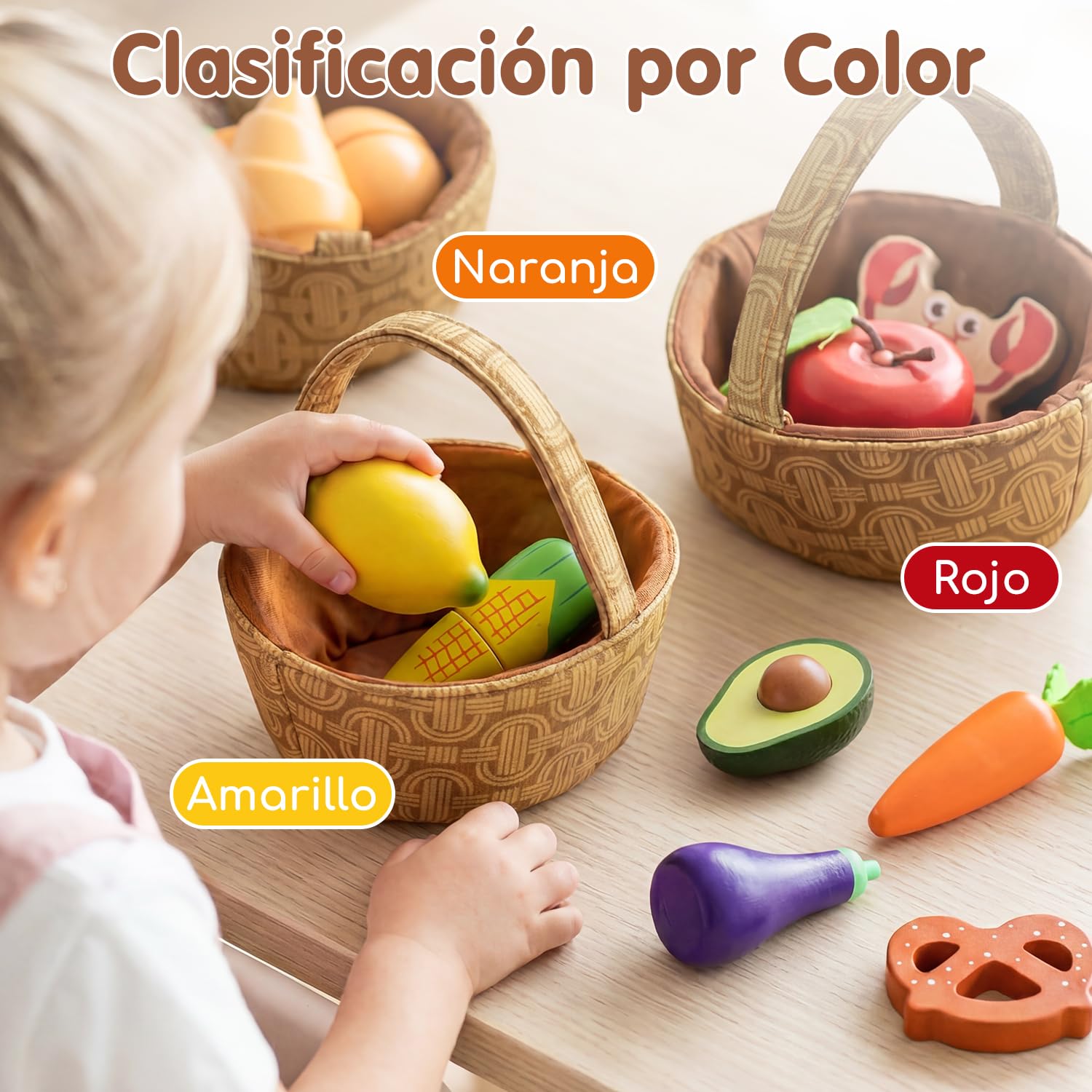 Lehoo Castle Juguetes de Madera, Comida Juguete, Comida Juguete Cocinita con Cuatro Cestas de Tela, Accesorios Cocina Juguetes, Utensilios Cocina Juguete para Niñas 3 4 5 6 7 Años