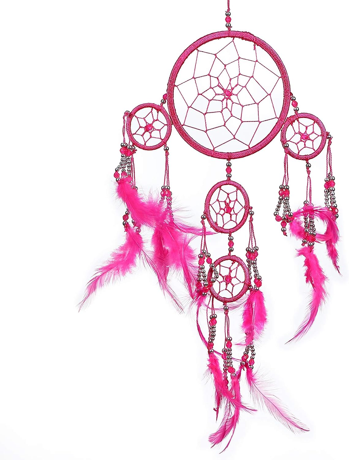 Pink Pineapple Handmade Bohemian Dream Catcher Ethical Hanging Dreamcatcher Wall Art with Feathers and Silver Beads Traditional Crochet Design