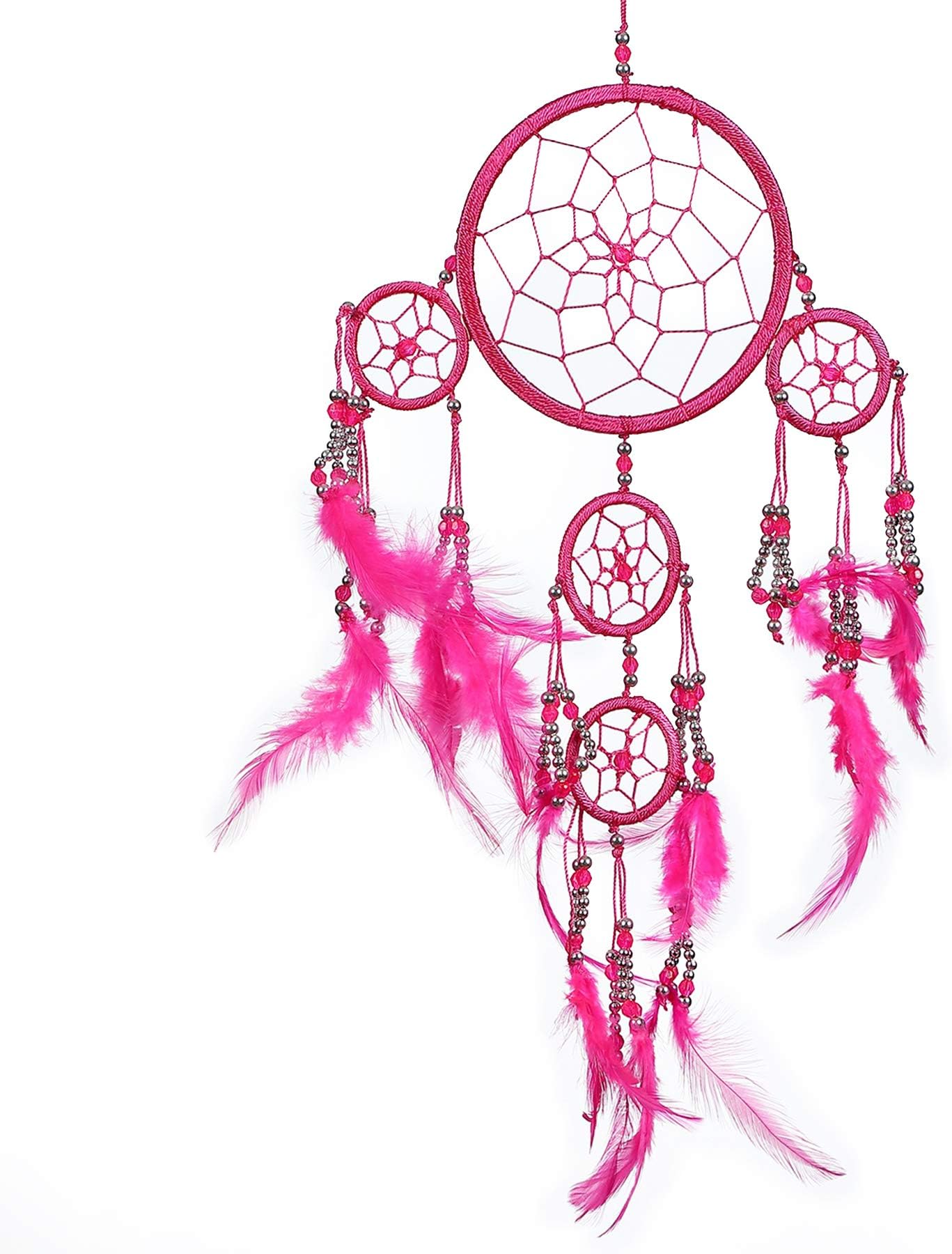 Pink Pineapple Handmade Bohemian Dream Catcher: Ethical Hanging Dreamcatcher Wall Art with Feathers and Silver Beads Traditional Crochet Design - 12cm Wide, 35cm Long Hot Pink