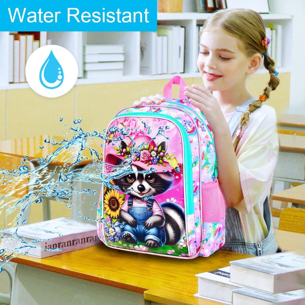 3PCS Girls Bear Bookbag, 16" Kids Raccoon Backpack with Lunch Box, Water Resistant Elementary School Bag for Preschool Toddler - Image 6