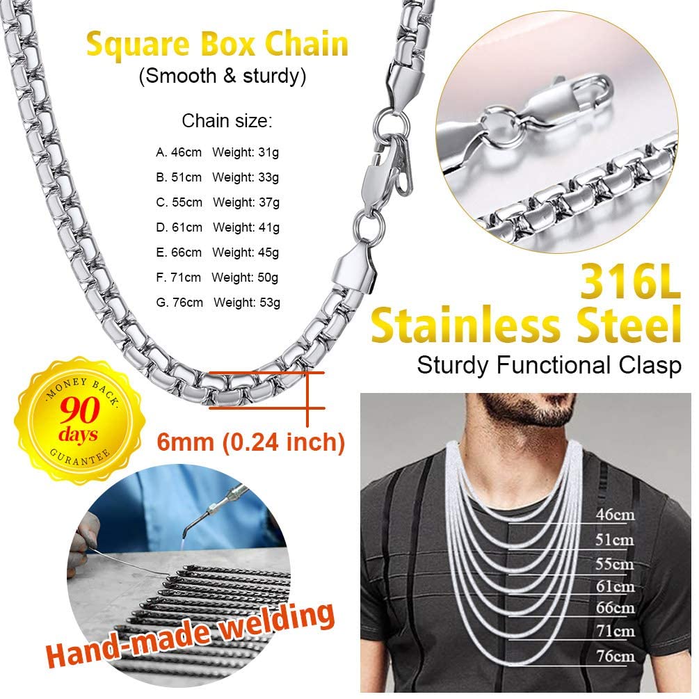 PROSTEEL Uomo Collana Catena Scatola Piatta Grande Robusta Sottile, Larghezza 4 mm 6 mm, Acciaio Inossidabile/Placcato Oro 18K, Stile Hip Hop Punk, Argento Nero Oro, Regalo Perfettto (con Confezione)