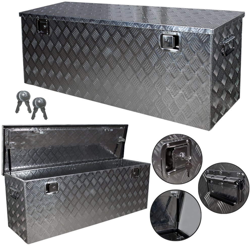 Trucky Skrzynka na samochód z aluminium, model D210, 129 x 39 x 45 cm, zamykana, wytrzymała blacha ryflowana, łącznie z zestawem montażowym, do warsztatu, hobby, samochodu