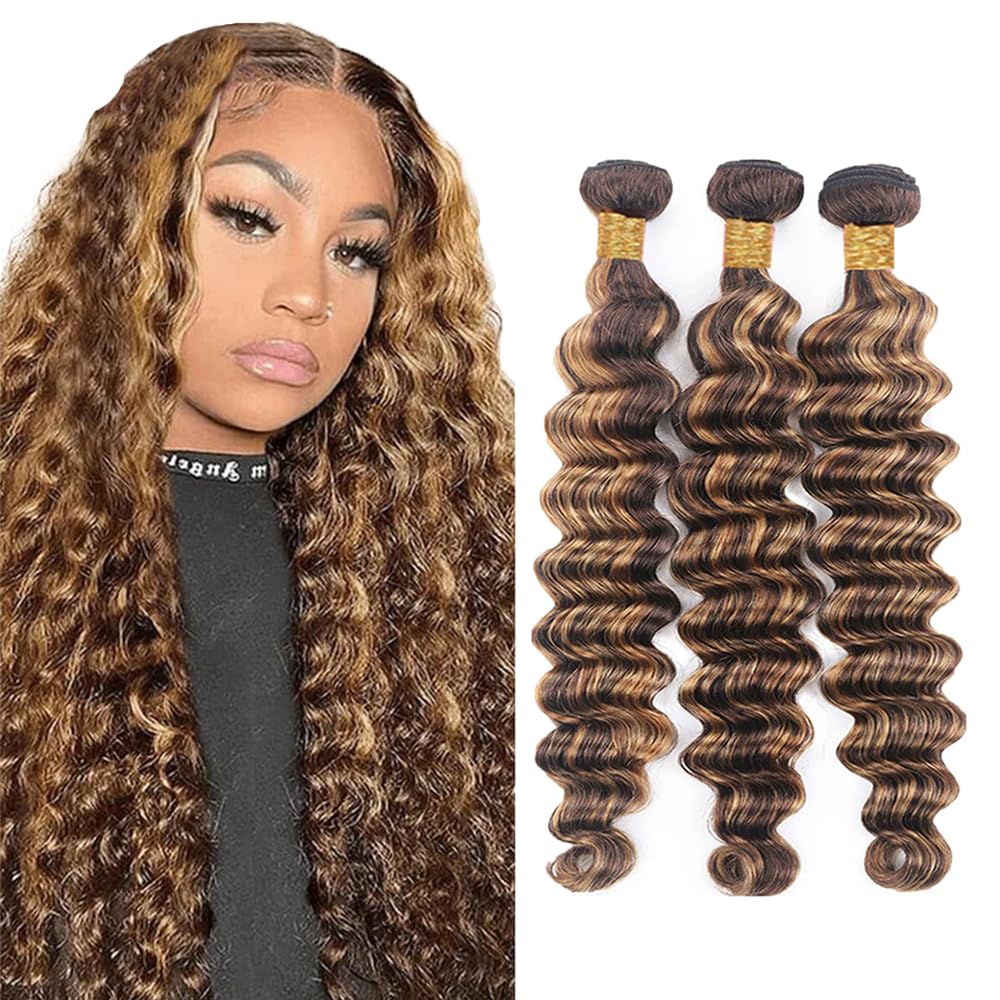 AiPliantfis P4/27 Chocolate Brown Highlighted Blonde Bundles Human Hair Deep Wave Weave 3 Bundles Unprocessed Double Weft Human Hair Extension Total 300g 30 32 34 Inch