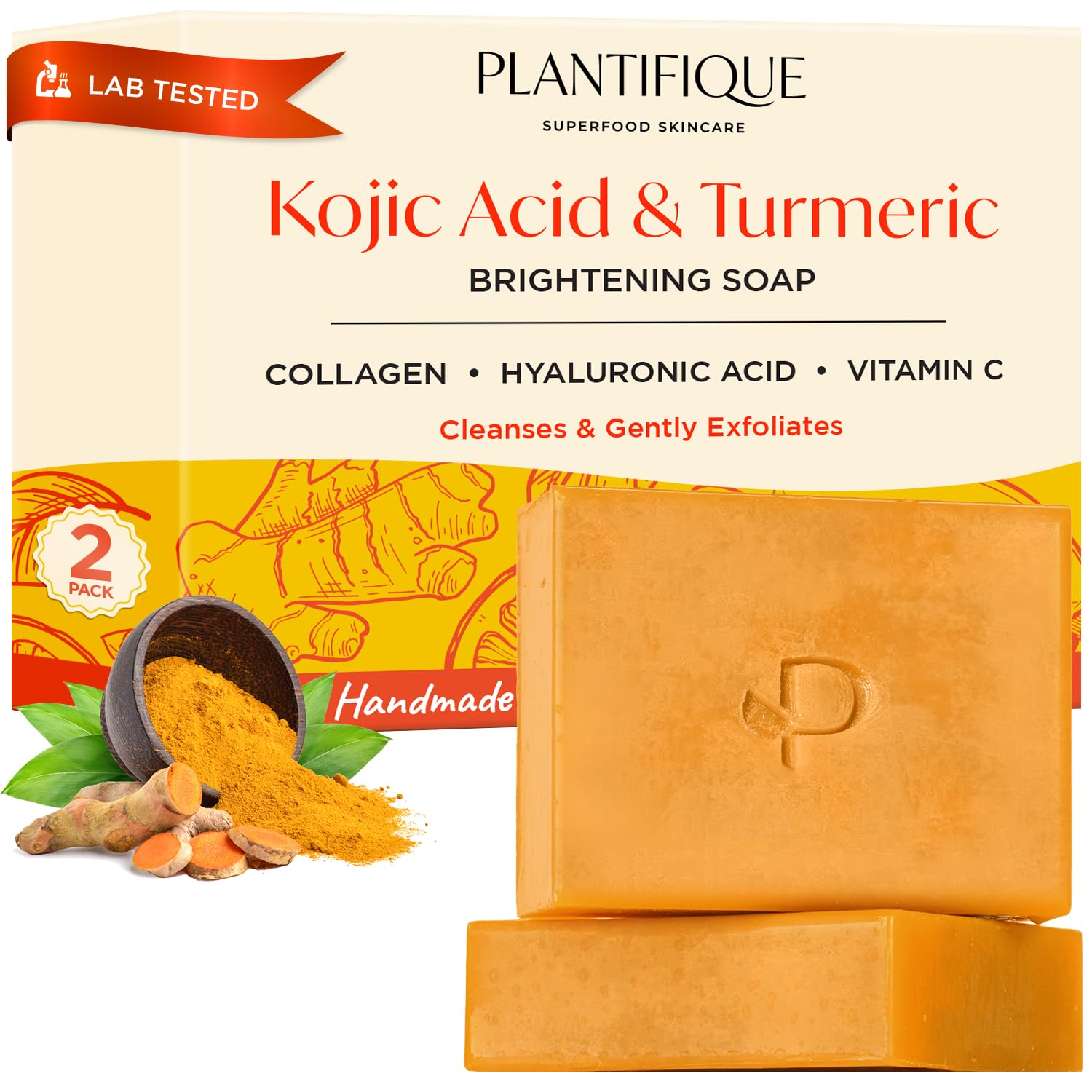 PLANTIFIQUE Kojic Acid Soap for Hyperpigmentation - Turmeric Soap 2 Bars with Hyaluronic Acid, Collagen, Vitamin C for Dark Spots - Face Wash for Women and Men, Vegan Skincare, 160g / 5.64 oz