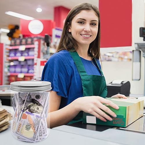 Miniatura 6 de Tarro grande para monedas, paquete de 2 unidades, de plástico transparente grande, para monedas de dinero con tapa ranurada plateada, monedas