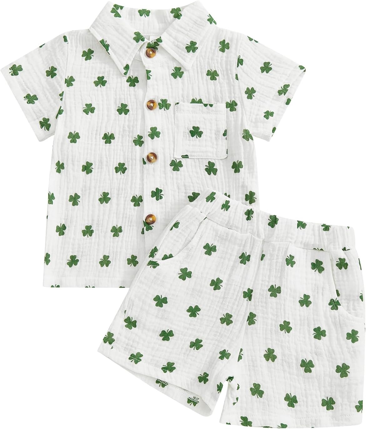 Toddler Baby Boy St Patricks Day Outfit Clover Button Down Short Sleeve Muslin Shirt Top and Shorts Set Irish Clothes