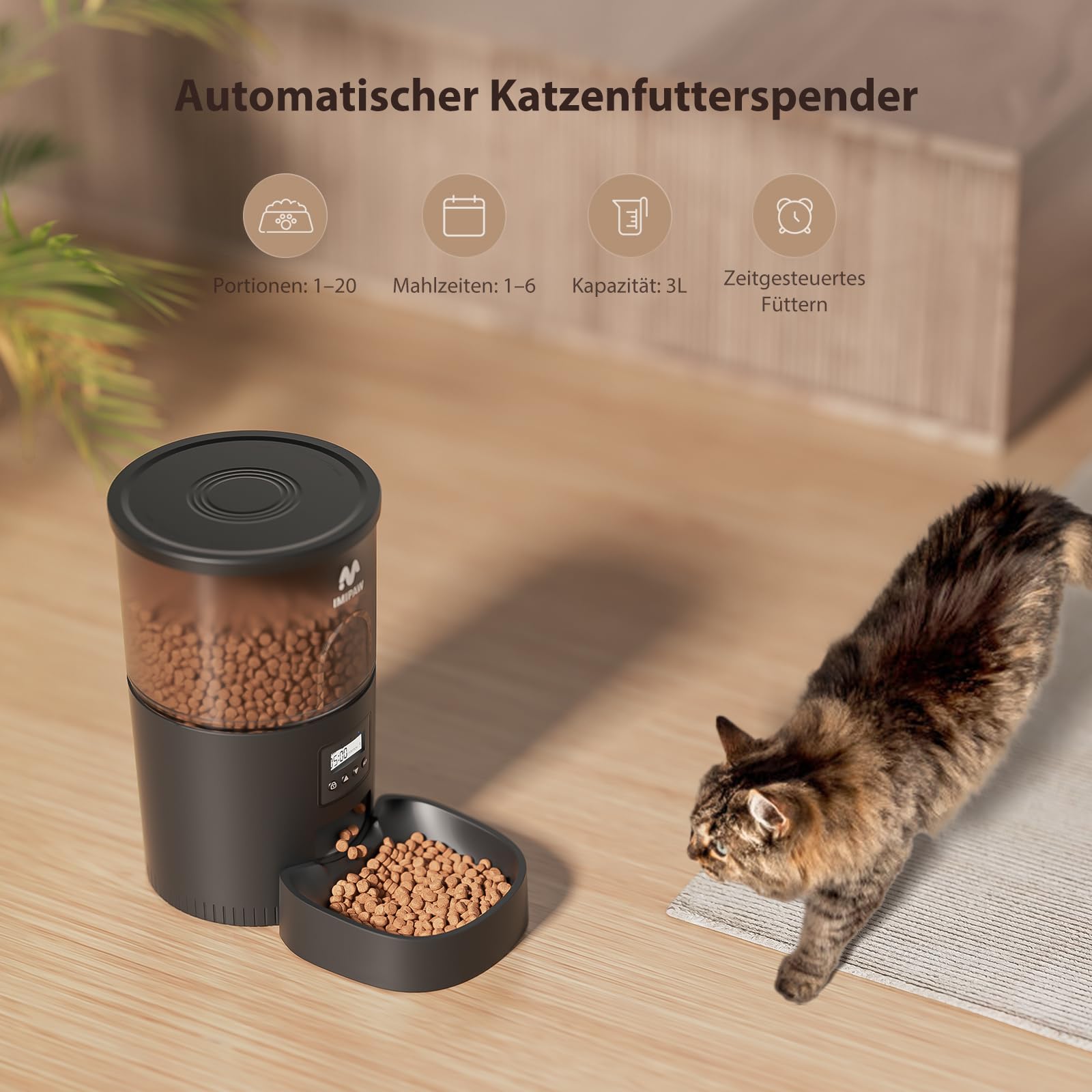 IMIPAW Futterautomat Katze, Katzenfutter Automat mit Programmierbarem Timer, Einfache Bedienung, 1-6 Mahlzeiten pro Tag, Futterspender für Katzen und Hunde (Schwarz, 3L)