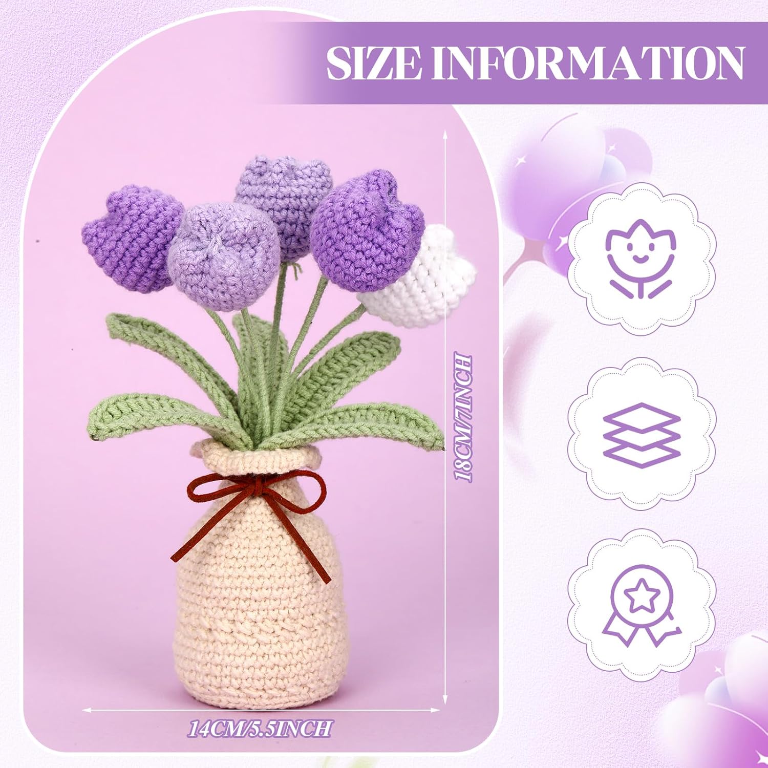 Marsui Crochet Knitting Tulip Bouquet with Vase 7" Knitted Artificial Forever Tulip Handmade Woven Flower with Exquisite Pot Gift for Valentine's Day Back to School Gift Family Home Desk Decor(Purple) - Image 2