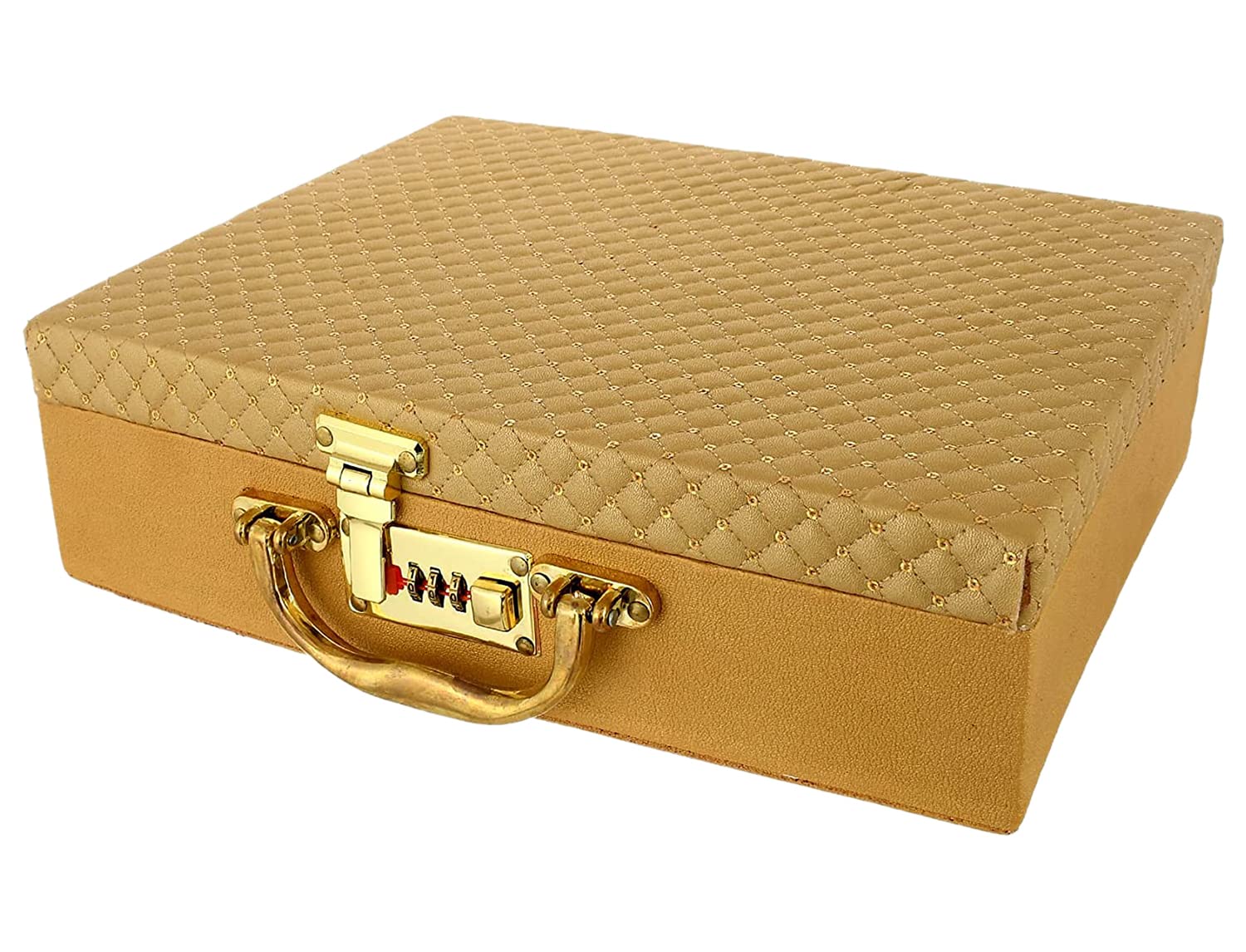 Kuber Industries 3 Rod Wooden Bangle Box|Pearl Studded Design Removable Rod Bridal Organizer With Mirror & Number Lock System (Gold)