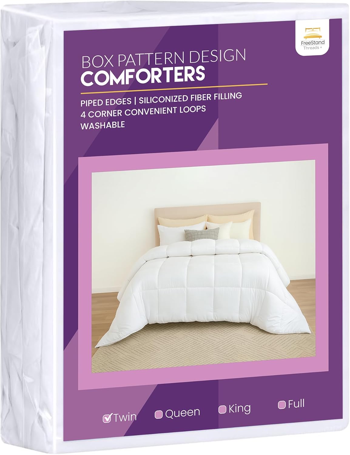 Threads+ Twin Comforter, 88"x88", 250 GSM Fill, Ultra-Soft, Lightweight, Plush, All-Season Bedding, Box-Stitched, Wrinkle-Resistant (1 Pack, White) Brand: Threads Plus