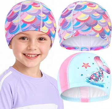WAWSAM Swim Cap Kids 4-8, Kids Swim Cap for Boys Girls, Soft PU Fabric