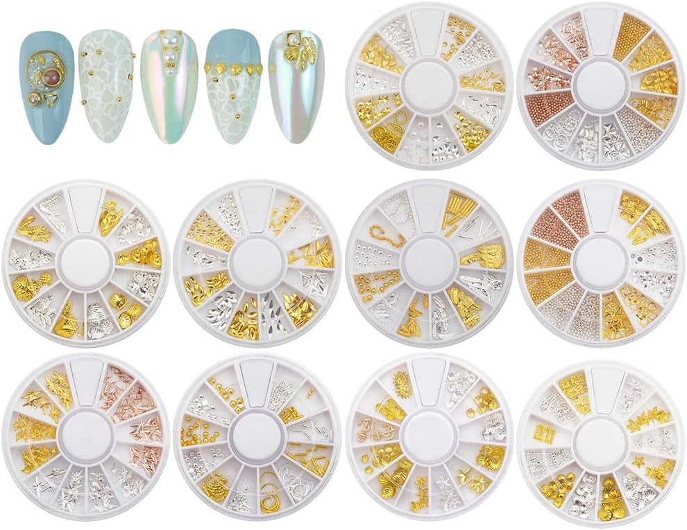 QIMYAR 3D Nail Art Studs Glitters Acrylic Japanese Metal Tips Manicure Decoration 10 Wheel