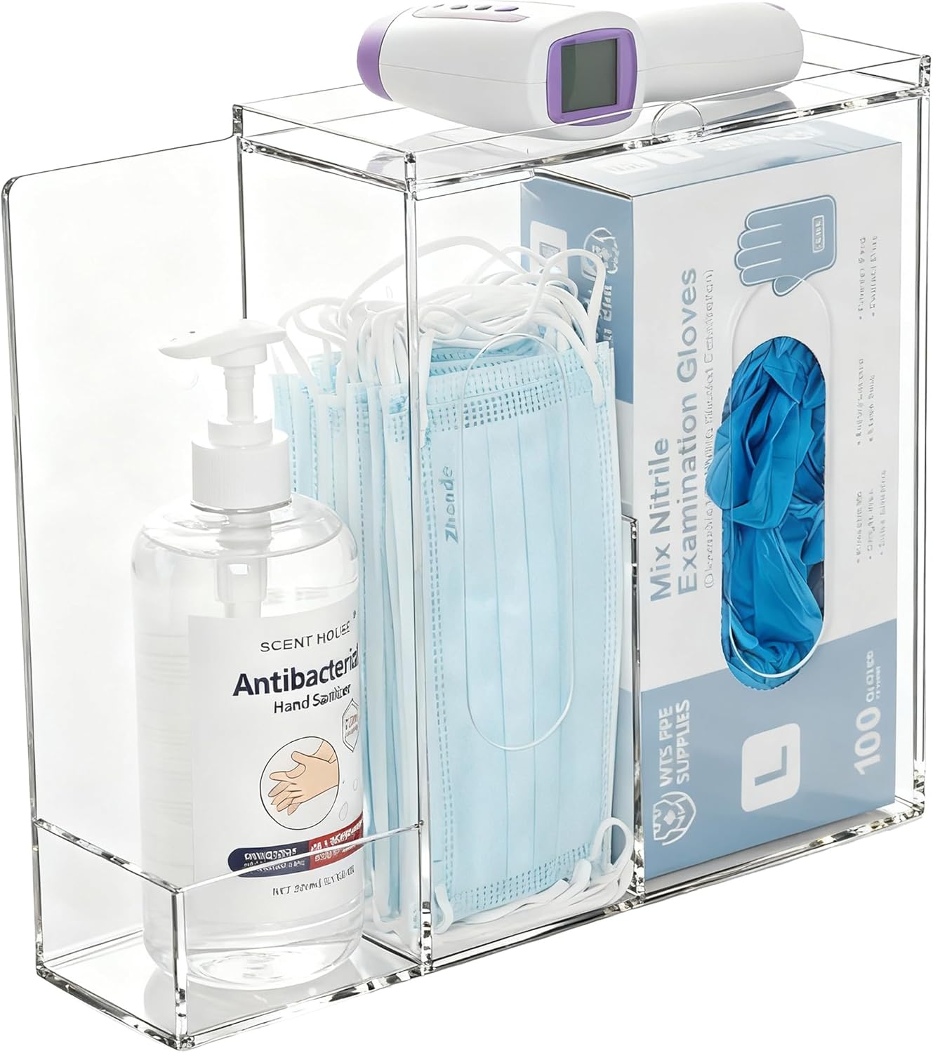 SEANADO Face Mask Dispenser 3 Compartment Acrylic Glove Box Holder Hygiene Station for Disposable Face Masks, Emesis Bag, Shoe Cover and Hairnet, Wall Mount Holes or Tabletop Holder （Clear）