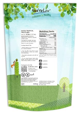 Food to Live Diced Fruits Mix, 4 Pounds - Contains Dreid and Diced Mango, Pineapple, Papaya. Sweetened, Unsulfured, Candied Vegan Snack, Kosher, Bulk, Great for Culinary Use and Baking