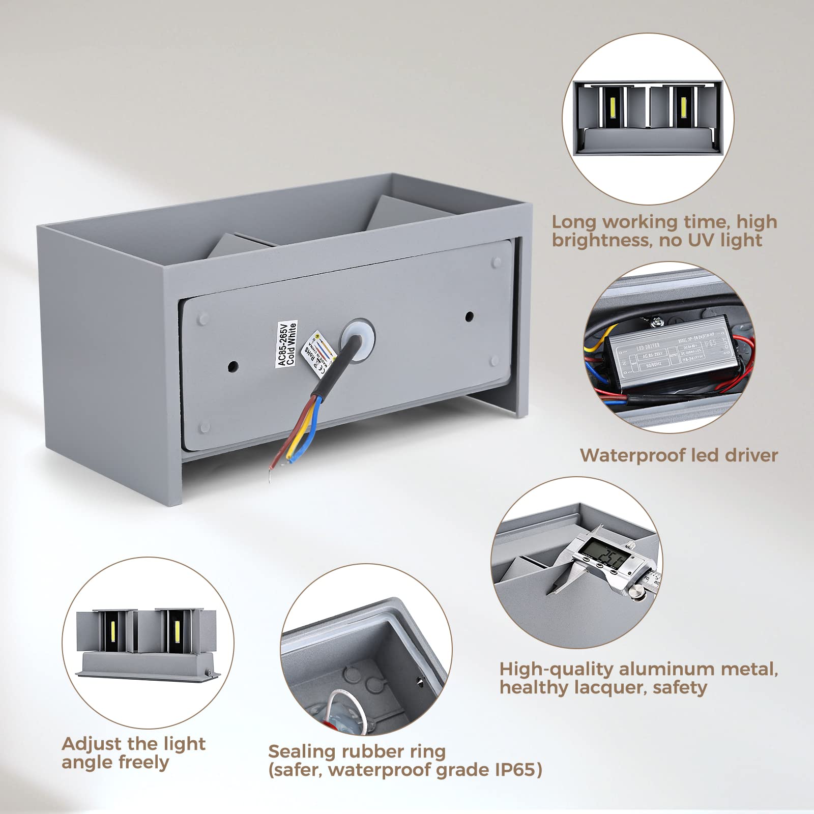 ENCOFT 24W Applique Esterno Interno COB LED Moderno, Lampada da Parete Muro Esterno IP65 Impermeabile in Alluminio, Luce da Parete Angolo Regolabile Bianco Freddo 6000K, per Giardino Balcone Grigio