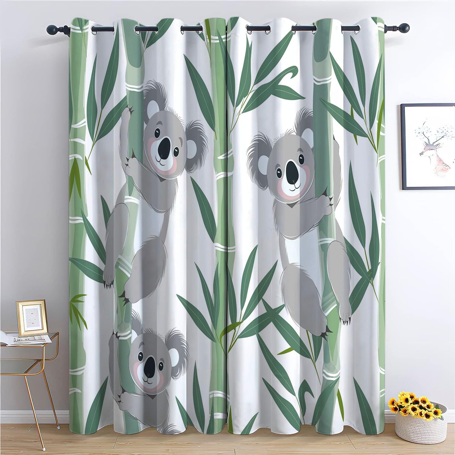 Cartoon-Tier-Koala-Bambus Verdunklungsvorhänge Kinderzimmer Junge Mädchen, Polyester Blickdichte Vorhänge H 160 x B 132 cm 2er Set Gardinen mit Ösen Wohnzimmer Fensterdekoration