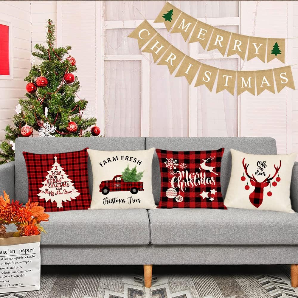 Set Of 4 Christmas Decorative Throw Pillow Covers Christmas Holiday Xmas Square Linen Cushion Covers Merry Christmas Trees Red Truck Snowflakes Deer Outdoor Couch Sofa Home Pillow Cases 24x24 Inch