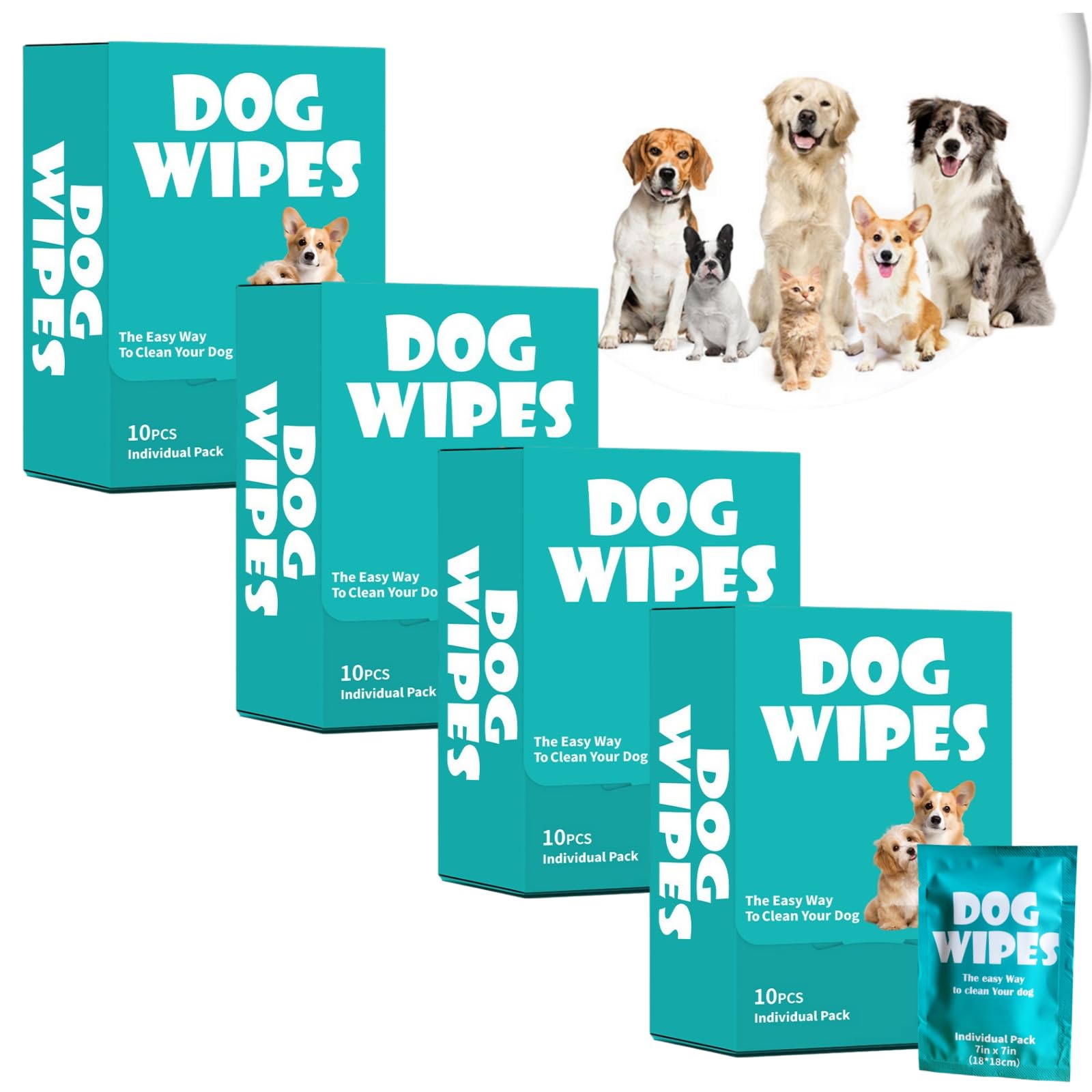 4 Pack Unscented Pet Wipes for Dogs & Cats Travel - 10 Individually Wrapped Waterless Cleaning Wipes per Box, Gentle Puppy Kitten Grooming Supplies for Outdoor, Paws & Fur Care (40 Count)