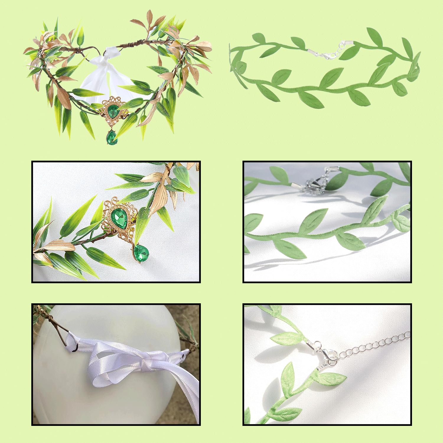 AOVNA 3Pcs Elf Accessories Fairy Stone Necklace Green Leaves Choker Elf Ear Cuff for Fantasy Renaissance Fairy Costume Cosplay - Image 2