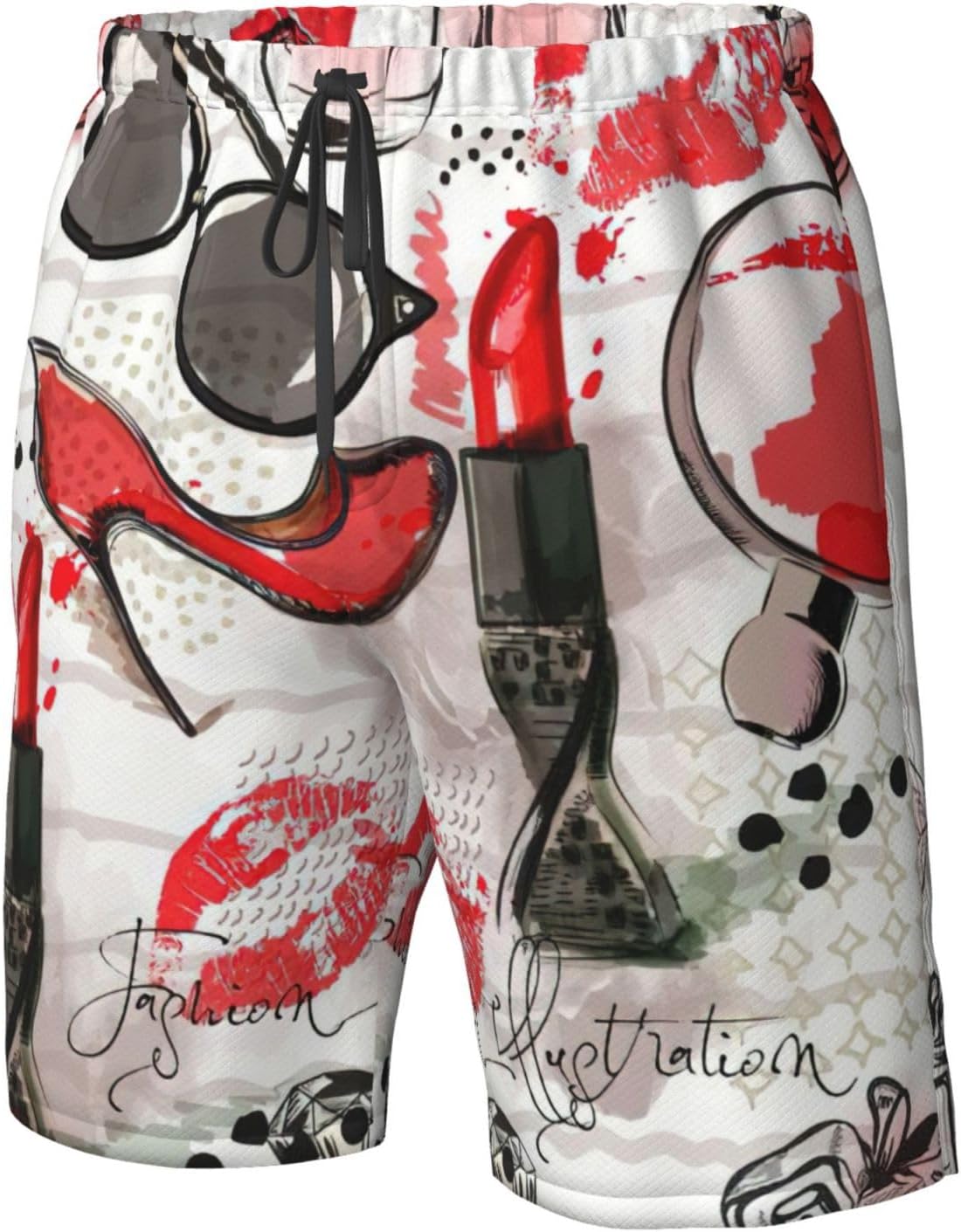 Cosmetic Lipstick Perfume Art Print Men's Swim Trunks Quick Dry Beach Shorts with Pockets Lining Swimwear Bathing Shorts White