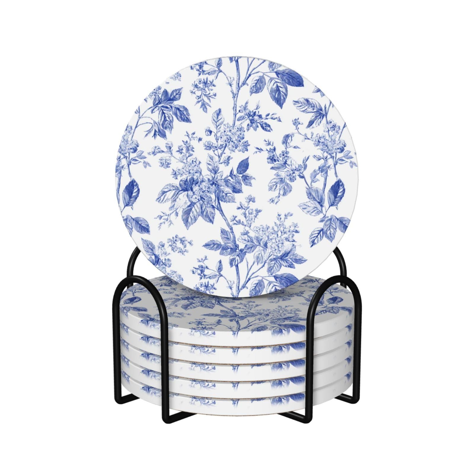 Toile De Jouy Floral Pattern Flowers Ceramic Coasters with Holder 6ps