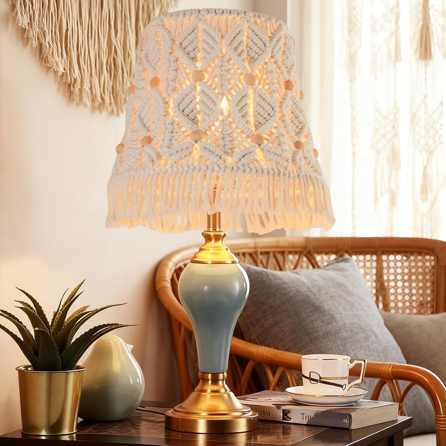 Medium Macrame Lamp Shade, Boho Ivory-White Weave Lampshade with Wooden Bead & Tassel Decoration, 7.5 x 12 x 11 Inches, Easy Installation for Table and Floor Lamps