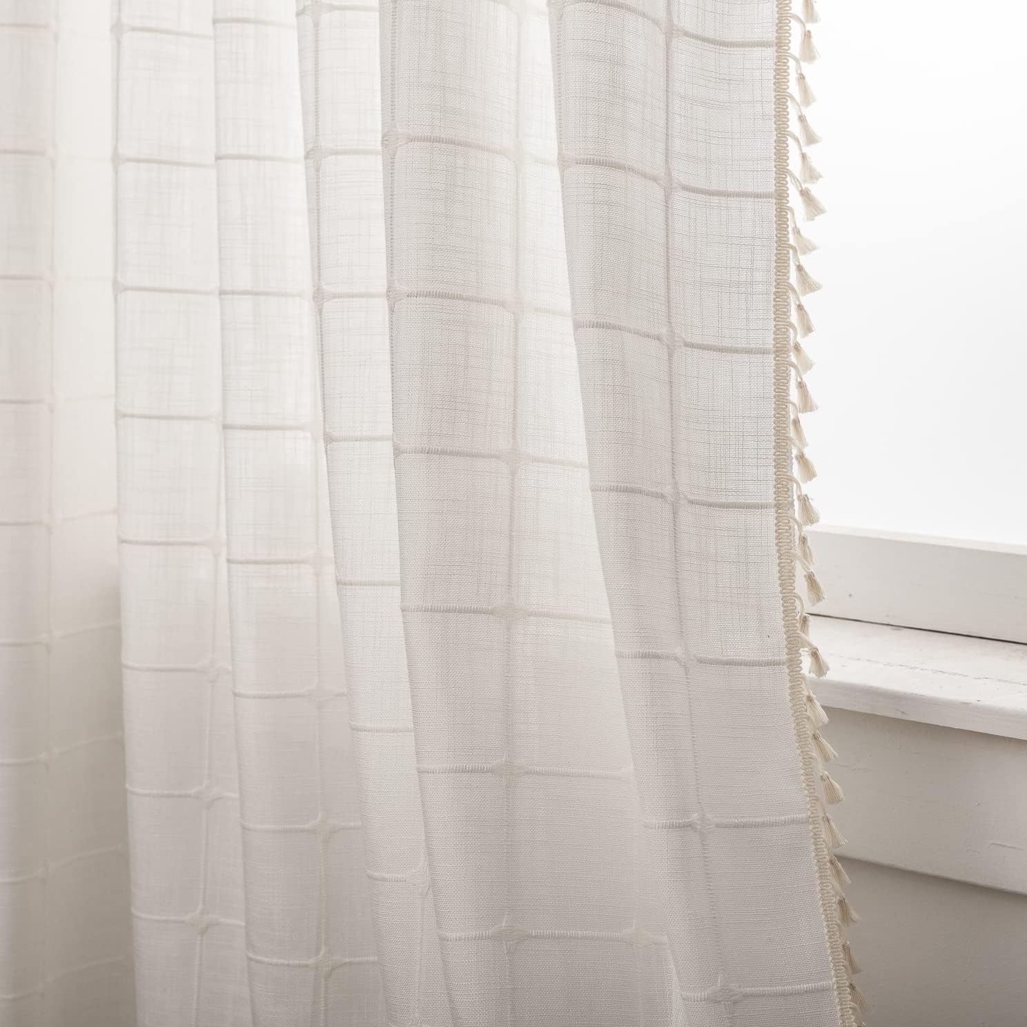 Deeprove Boho Plaid Curtains 72 inch for Home Office Kitchen Nursery, Moroccan Casual Farmhouse Tassels Window Treatment Bohemian Embroidery Drape Rod