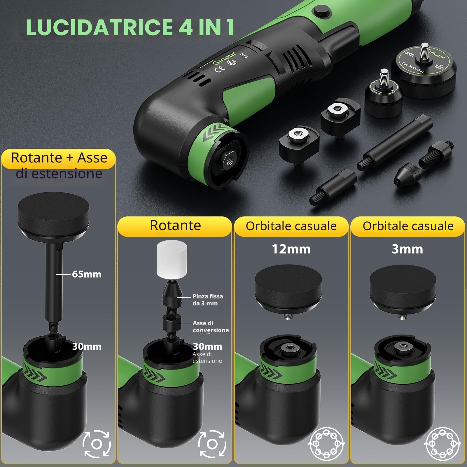 Ginour Lucidatrice Auto per Detailing, Lucidatrice Rotorbitale 200W con Modalità DA&RO Piastra di Lucidatura Intercambiabile 2''/1,2'', 2 Batterie da 2Ah, 6 Velocità per Lucidare, Cera e Pulire