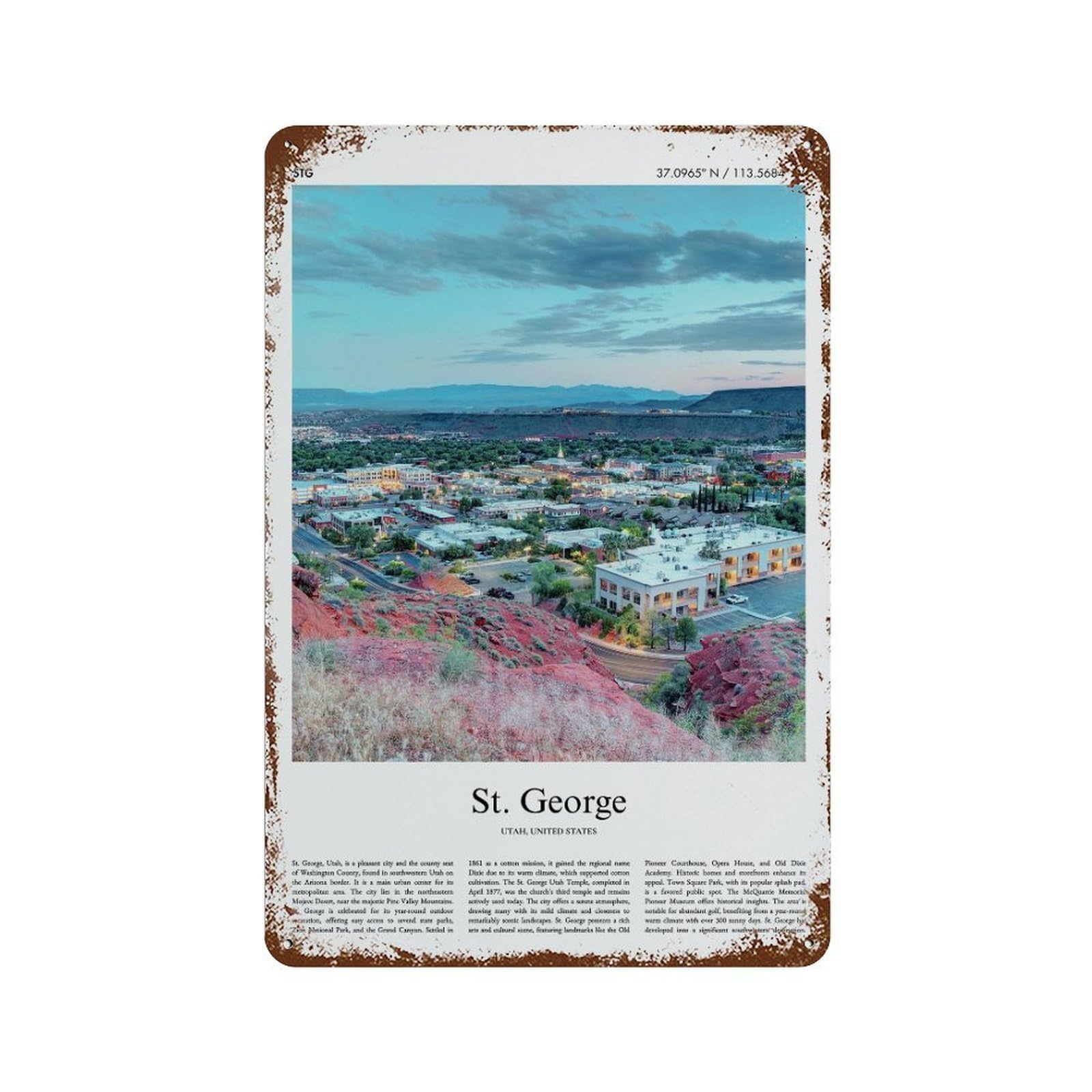 xiaoxiaoshen St. George Utah, United States, USA City Scenery Wall Decor Art Metal Tin Poster Modern Home Decor Art Home Bar Shop Decorations Vintage Sign 30x20cm