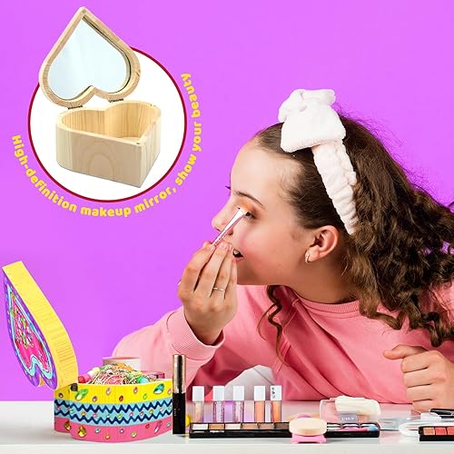 Miniatura 4 de Ambesi Pinta tu propio joyero de madera, kit de caja del tesoro de corazón artístico para niñas, kit de caja de joyería para decorar niños de 4 a 6,