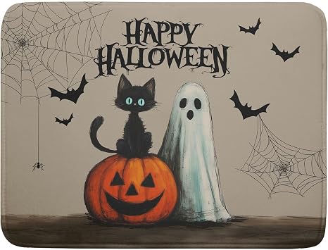Happy Halloween Black Cat Ghost Dish Drying Mat for Kitchen Counter,Halloween Pumpkin Spiderweb Bat Drying Mat 18 x 24 Inch with High Absorbent Microfiber Drainer Mat for Coffee Bar