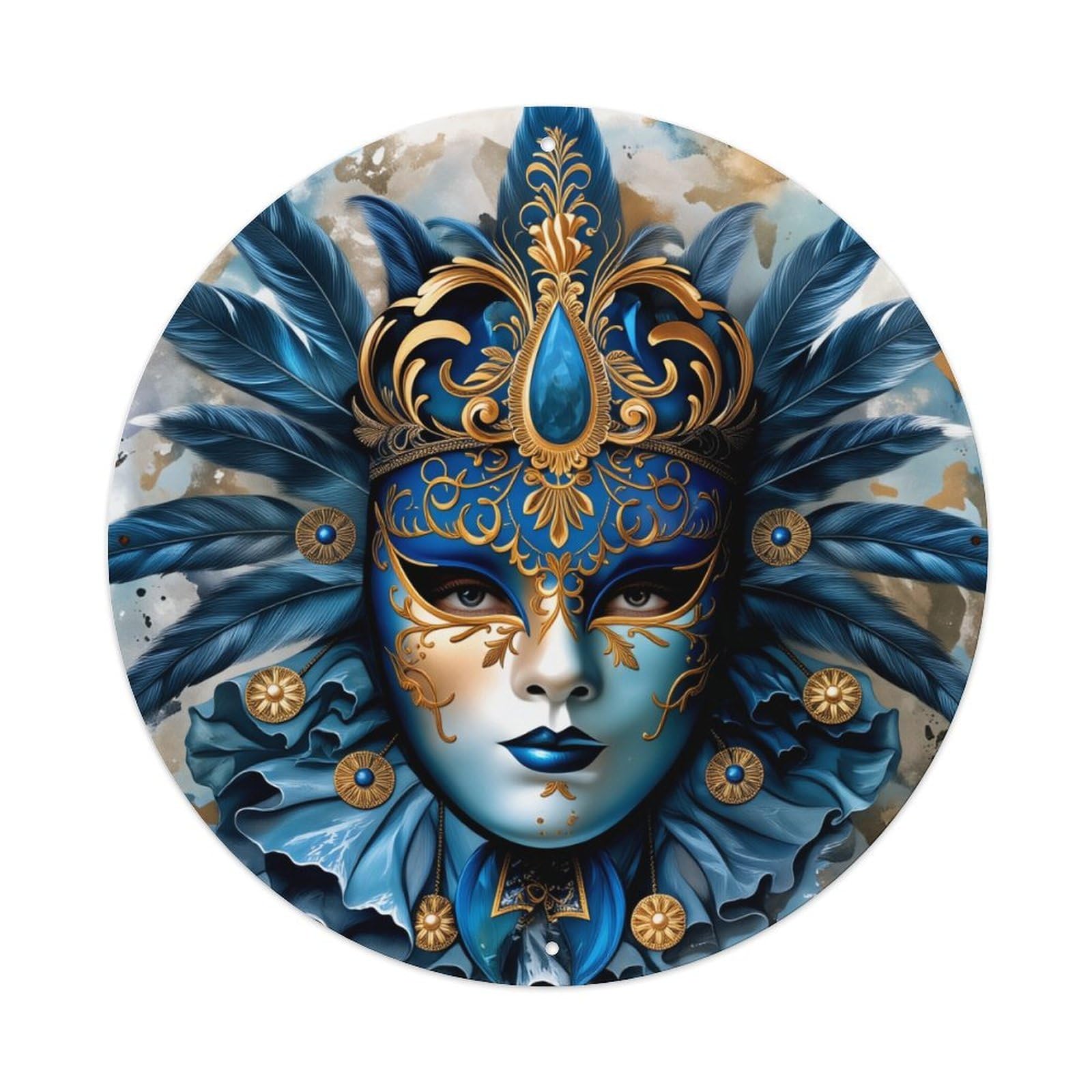 Blue Gold Feather Mask Art Round Tin Sign Vintage Metal Poster, Home Bar Garage Man Cave Cafe Indoor & Outdoor Wall Decoration 8x8Inches