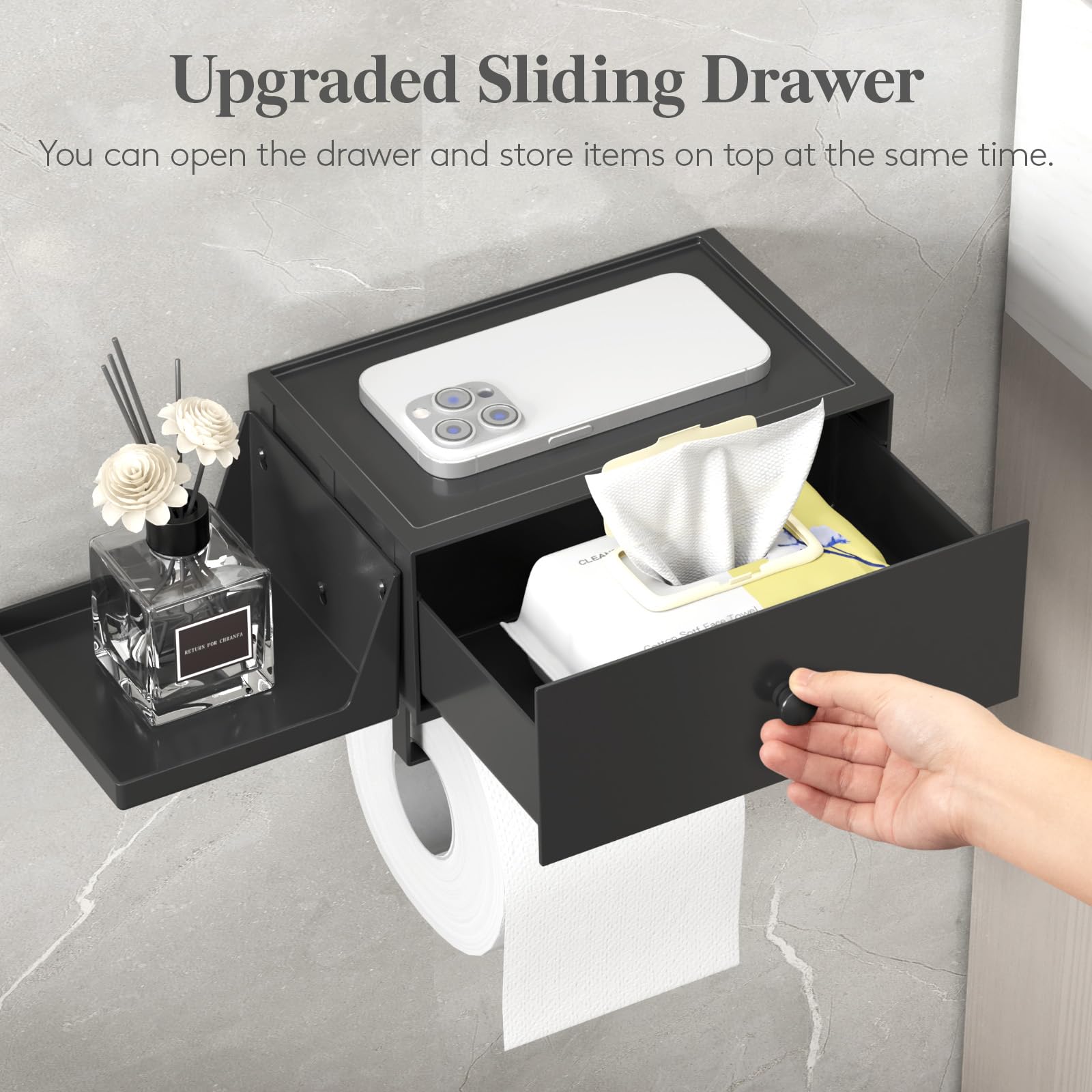 Lifewit Toilet Paper Holder Wall Mount with Shelf & Drawer, Black, 1 Pack — Amazon image 4