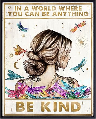 Be Kind Wall Decor for Women - positive Affirmations Dragonfly Inspirational Wall Art - Boho-chic Motivational poster for Woman, Girl - Women's