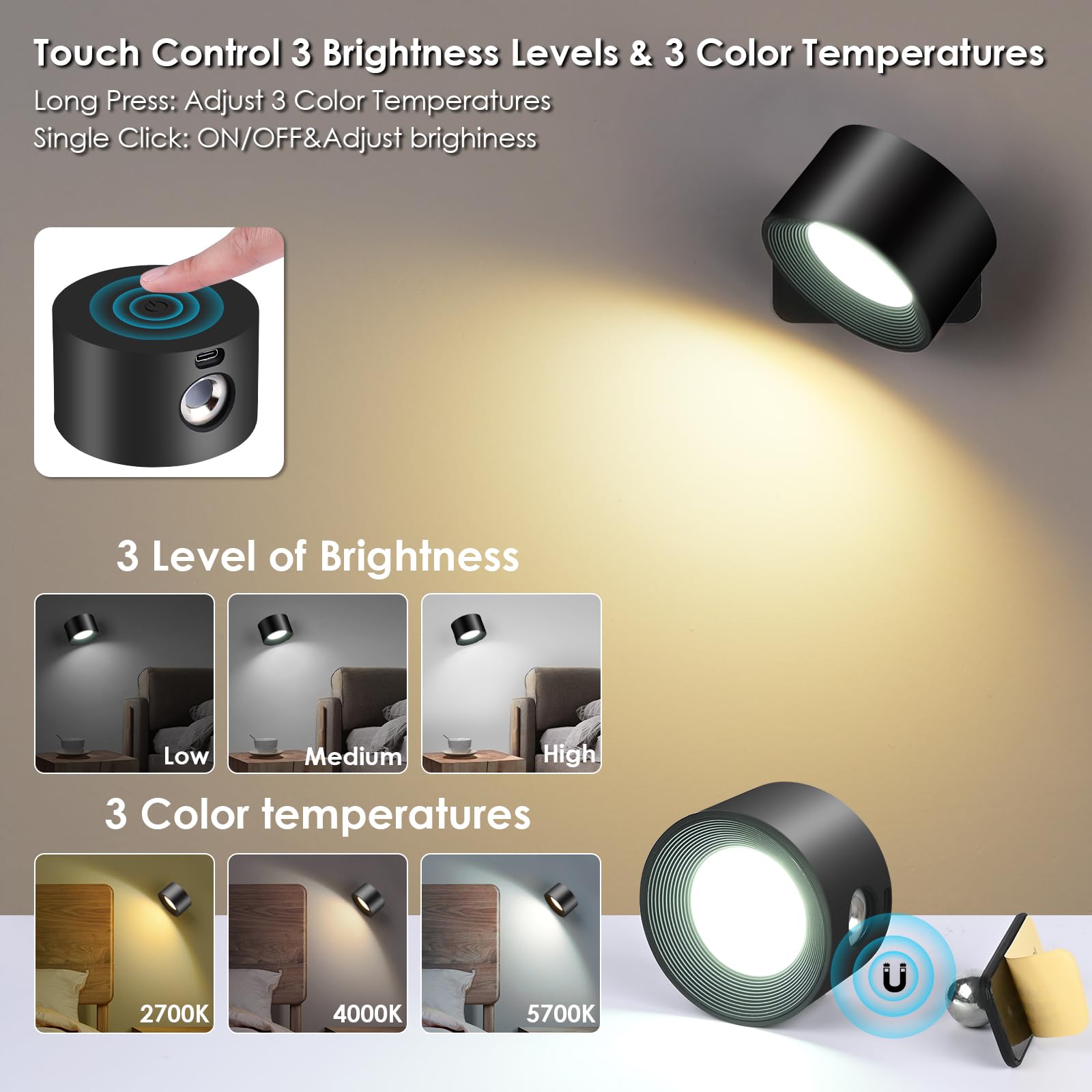 Diealles Shine Led-wandlamp voor binnen, 2 stuks, oplaadbare wandlampen met 3 helderheid en 3 kleuren, 360 graden draaibare touch control, batterij, wandlamp voor slaapkamer, keuken, woonkamer (wit