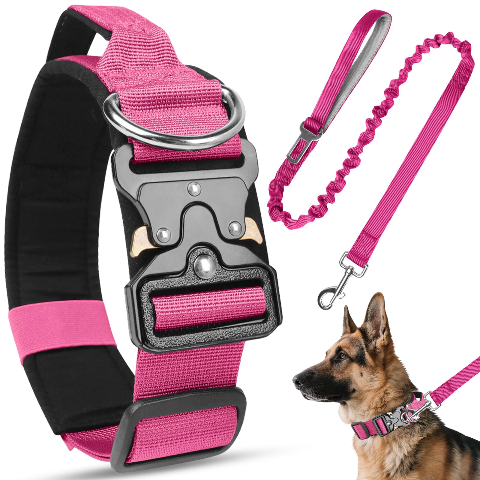 Tactical Dog Collar and Lead Set, Adjustable Military Training Nylon Dog Collar with Heavy Duty Metal Buckle & Handle, Soft Padded Breathable Pet Collar for Small Medium Large Dogs (Rose Red, XL)