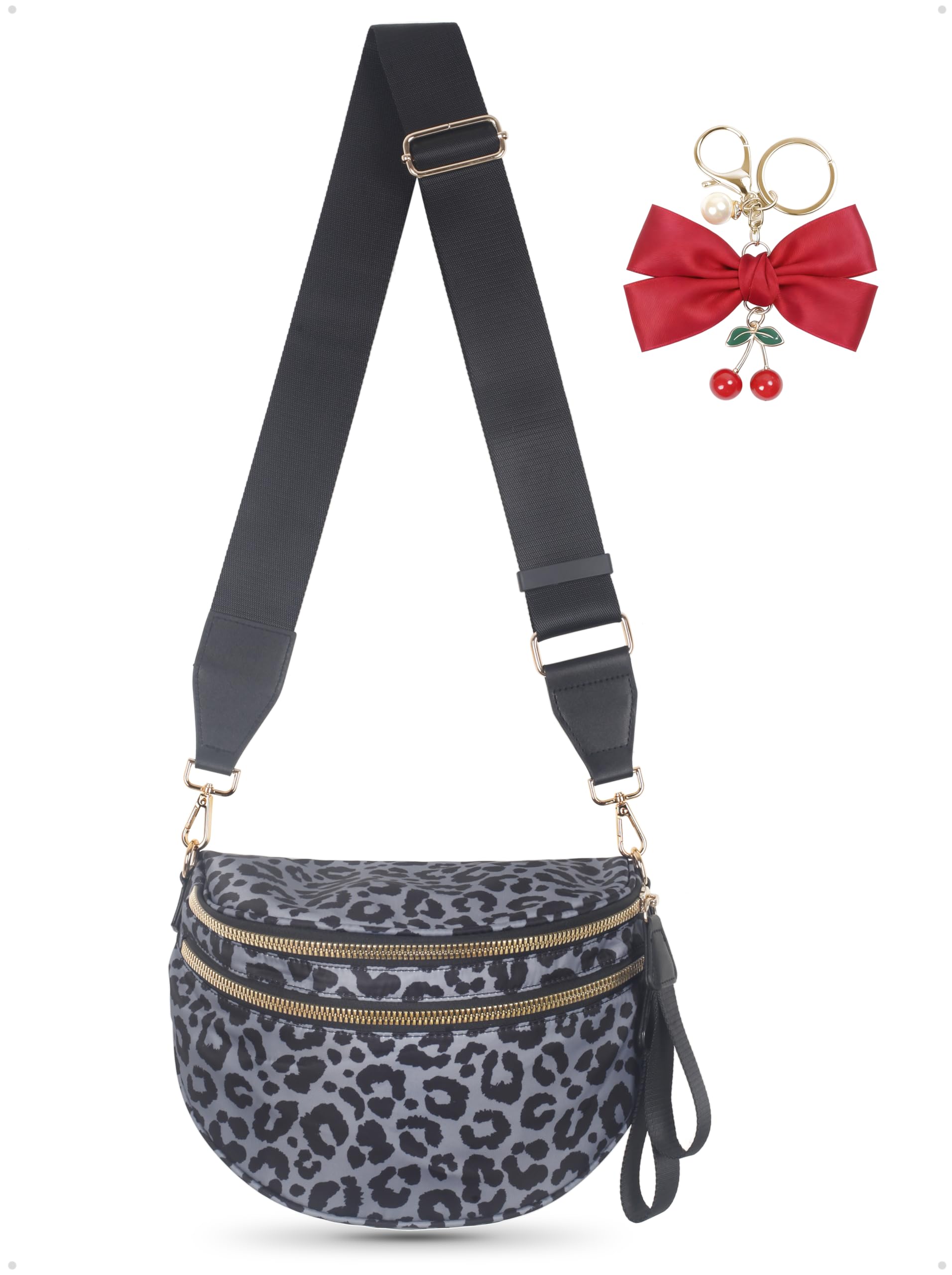 Bum Bag Crossbody Bag for Women Spacious Bum Bags Nylon Crossbody Fanny Packs Leopard Purse Belt Wallet (Color Bum Bag-Grey Leopard)
