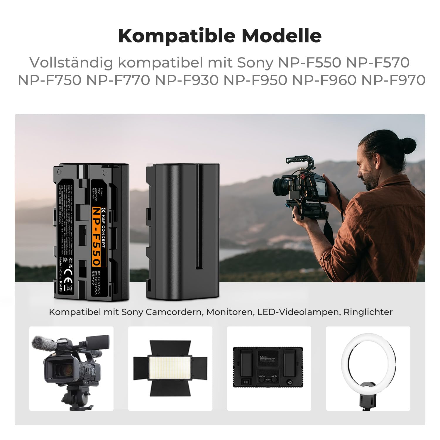 K&F CONCEPT NP-F550 2er-Pack 2600mAh Akkus und LED Ladegerät Kit Kompatibel mit Sony NP-F550 F570 F750 F770 F930 F950 F960 F970 für LED Lichter/Monitor/Kamera Slider