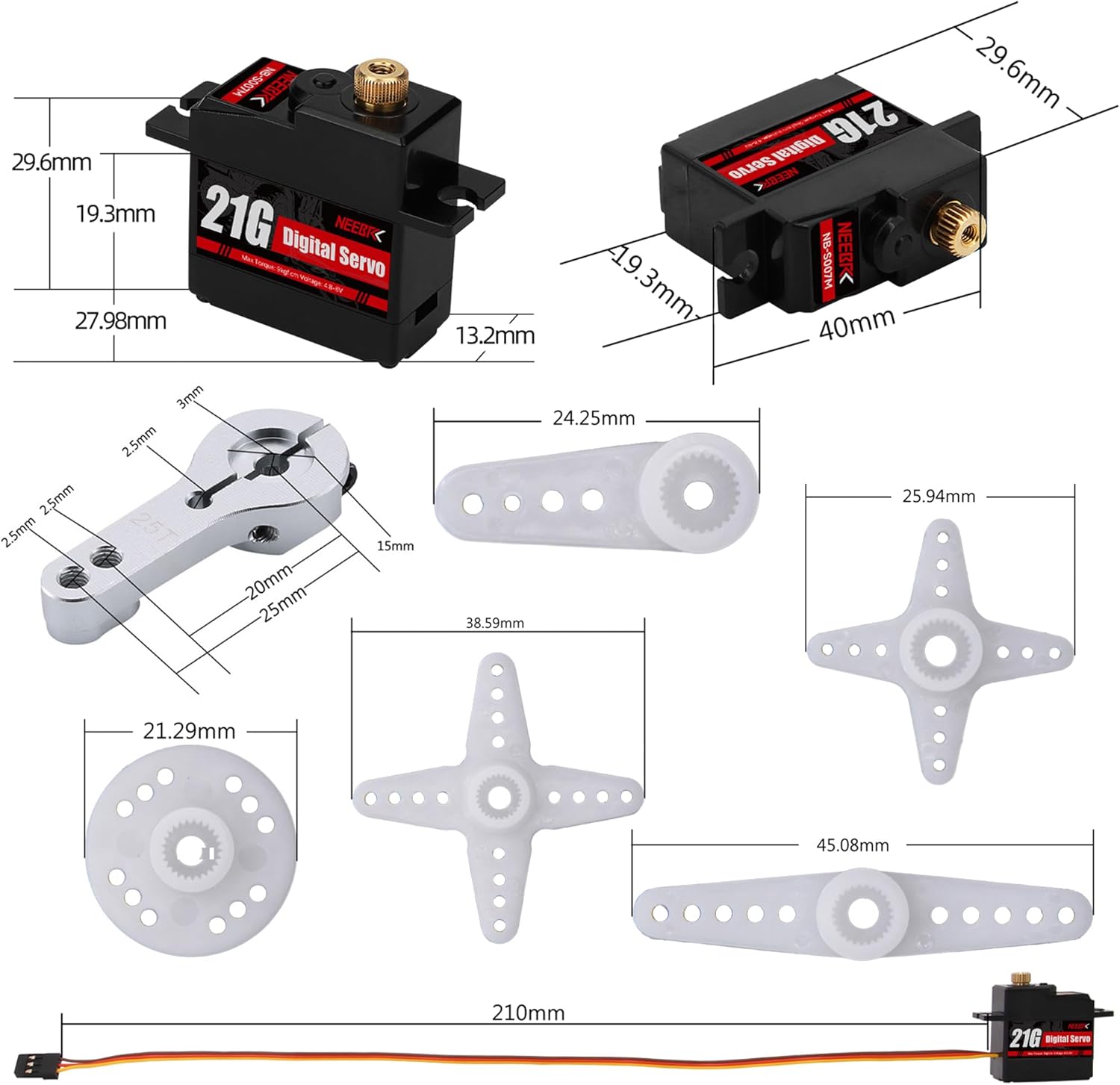 21G Micro Servo Motor,Digital Mini Servo High Torque with 25T Arm for 1/14 1/16 RC Crawler Car Upgrade Servo Parts Model Boat Airplane Robot (1PCS with arm)