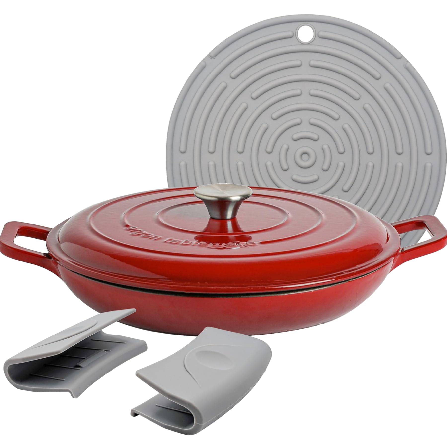 Argon Tableware 2.3L Peu Profond Cocotte en Fonte avec Couvercle Auto-Arrosant - Rouge Ombré - 1x Plaque à Induction Cuisson du Pain Portion Grillage Ragoût Marmite Ustensiles de Cuisine Poêle