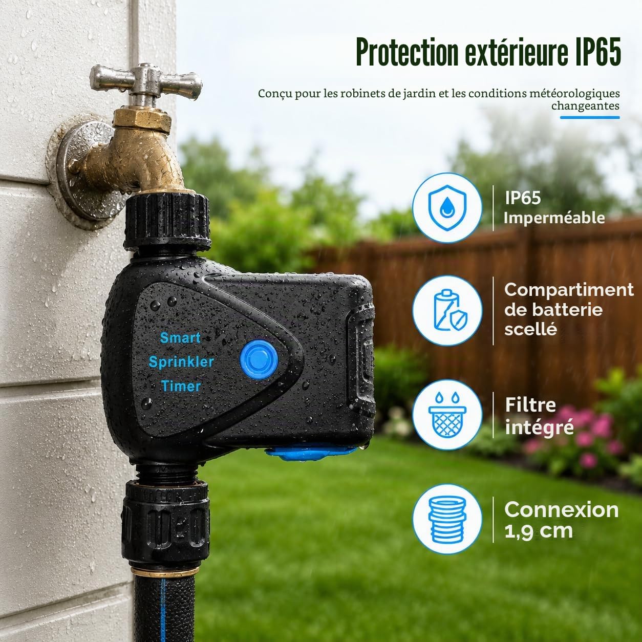 Programmateur d'Arrosage WiFi avec Compteur d'Eau Intégré, Minuterie Connectée sans Hub, Contrôle par App 2,4 GHz, IP65