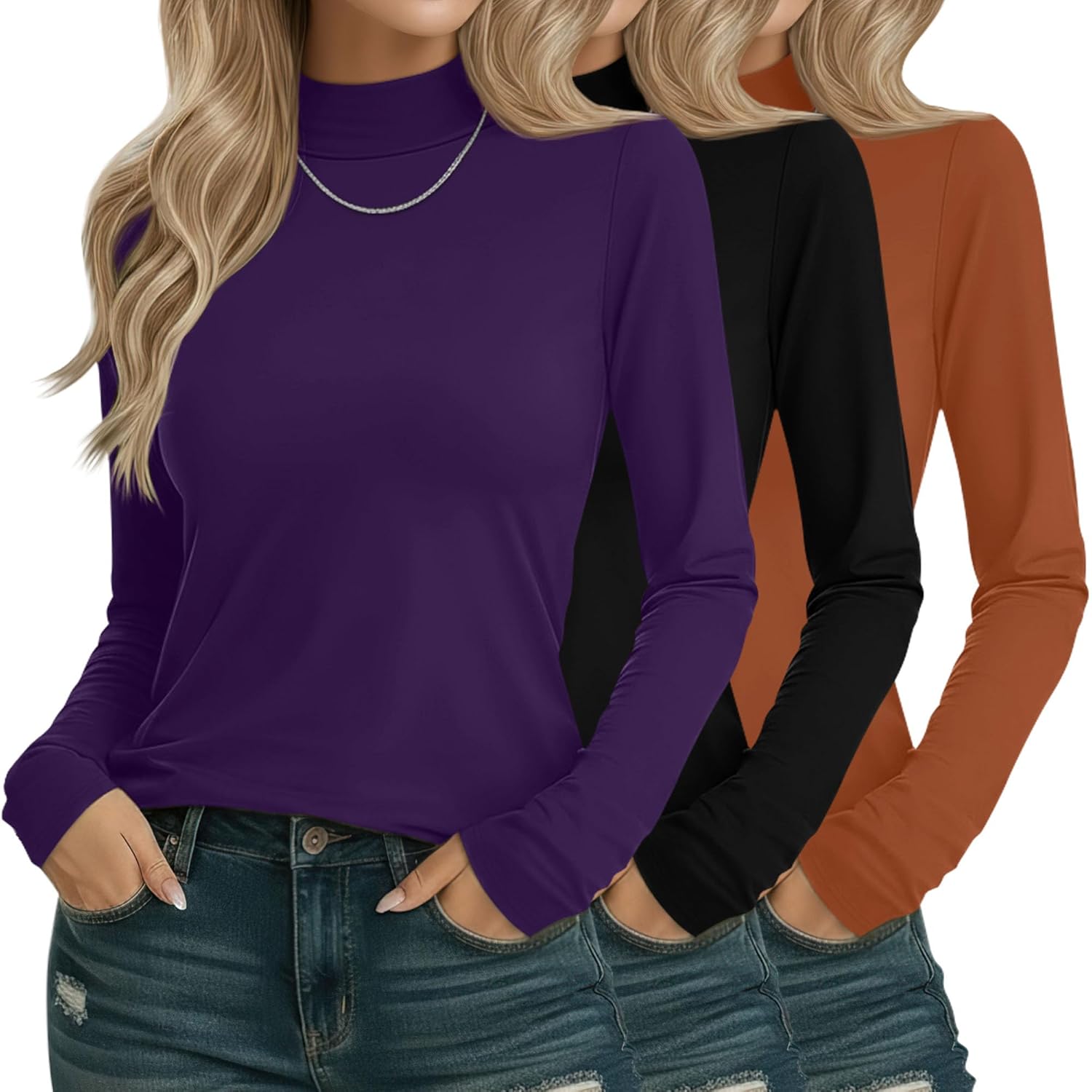 Sweetyweee 3 Pack Cotton Women's Mock Turtleneck Shirts Long Sleeve Mock Neck Tops Casual Pullover Basic Tees Undershirt