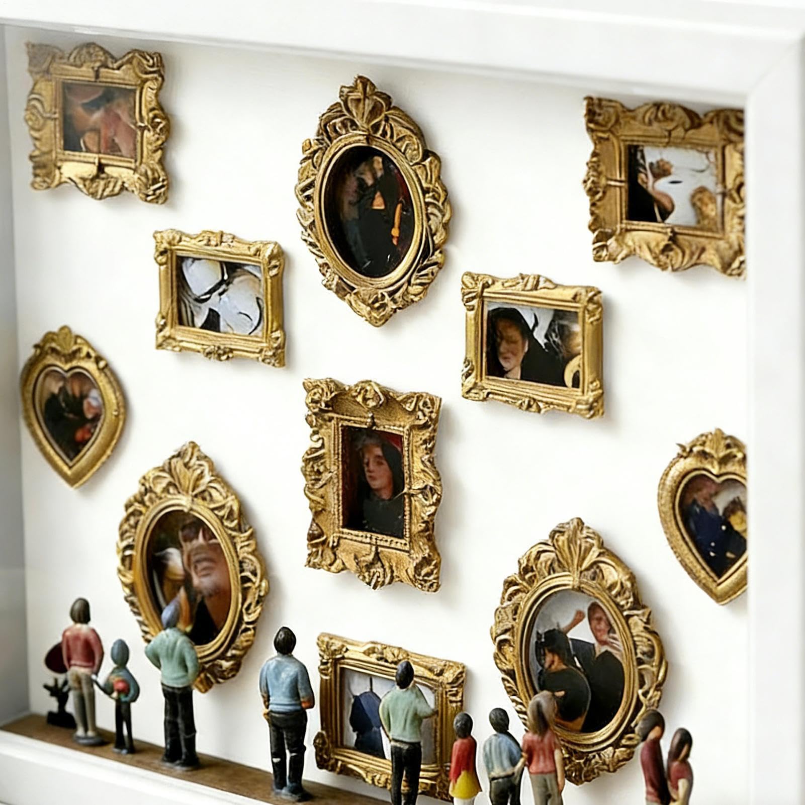 Mini Cajas De Silueta De Museo De Bricolaje, Mini Marco De Fotos De Museo De Escritorio, Con 11 Pequeños Marcos De Fotos Dorados, Luces LED Cálidas Y 8 Estatuas De Figuras,Para Aniversarios,cumpleaños