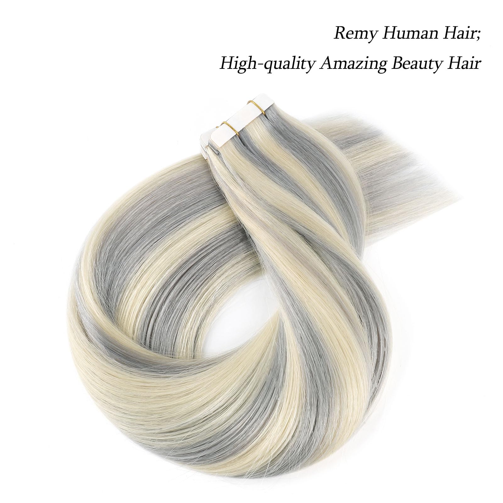 ABH AMAZINGBEAUTY HAIR Tape in Hair Extensions Real Human Hair Silver Gray Highlighted Platinum Blonde Tape Hair Extensions Color P#Silver-60 Straight Seamless Skin Weft 16 Inch 50g/pack 20pcs - Image 2