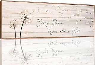 Dandelion Wall Art - Every Dream Begin with A Wish Rustic Farmhouse Wall Decor Framed Canvas Wall Art Bedroom Wall Decor Above Bed Dandelion Art Decor Vintage Room Decor (Wooden Frame) 43x15inch